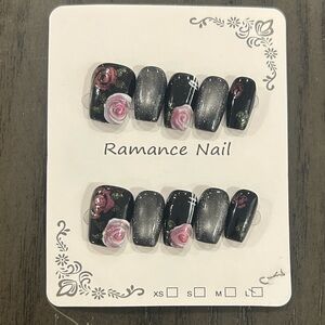 Medium Size Black and Pink Floral Press-On Nails